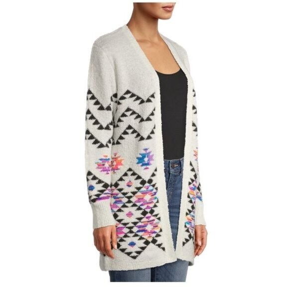 Southwestern Aztec Print Long Sleeve Longline Open Front Cardigan Sweater Small - Picture 3 of 9